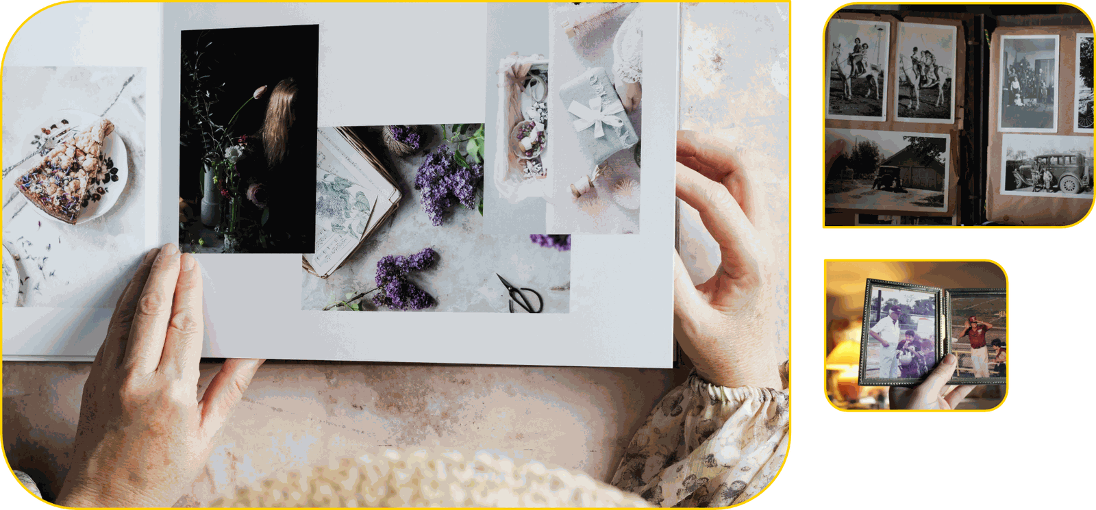 A hand turning the pages of a printed photo scrapbook, alongside a vintage photo album and small framed printed photographs